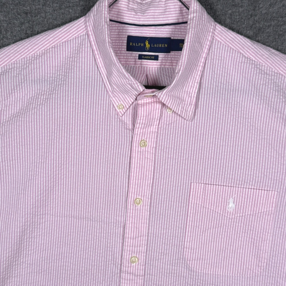 Ralph Lauren Shirt Mens XXL Classic Fit Pink Striped Seersucker Short Sleeve